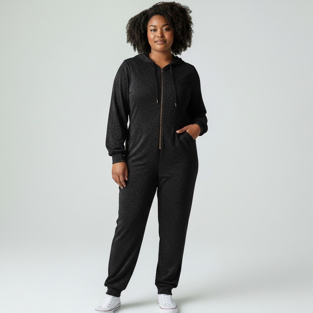Savage X Fenty Sleep & Shine Black Metallic Hooded Onesie Jumpsuit Womens Large